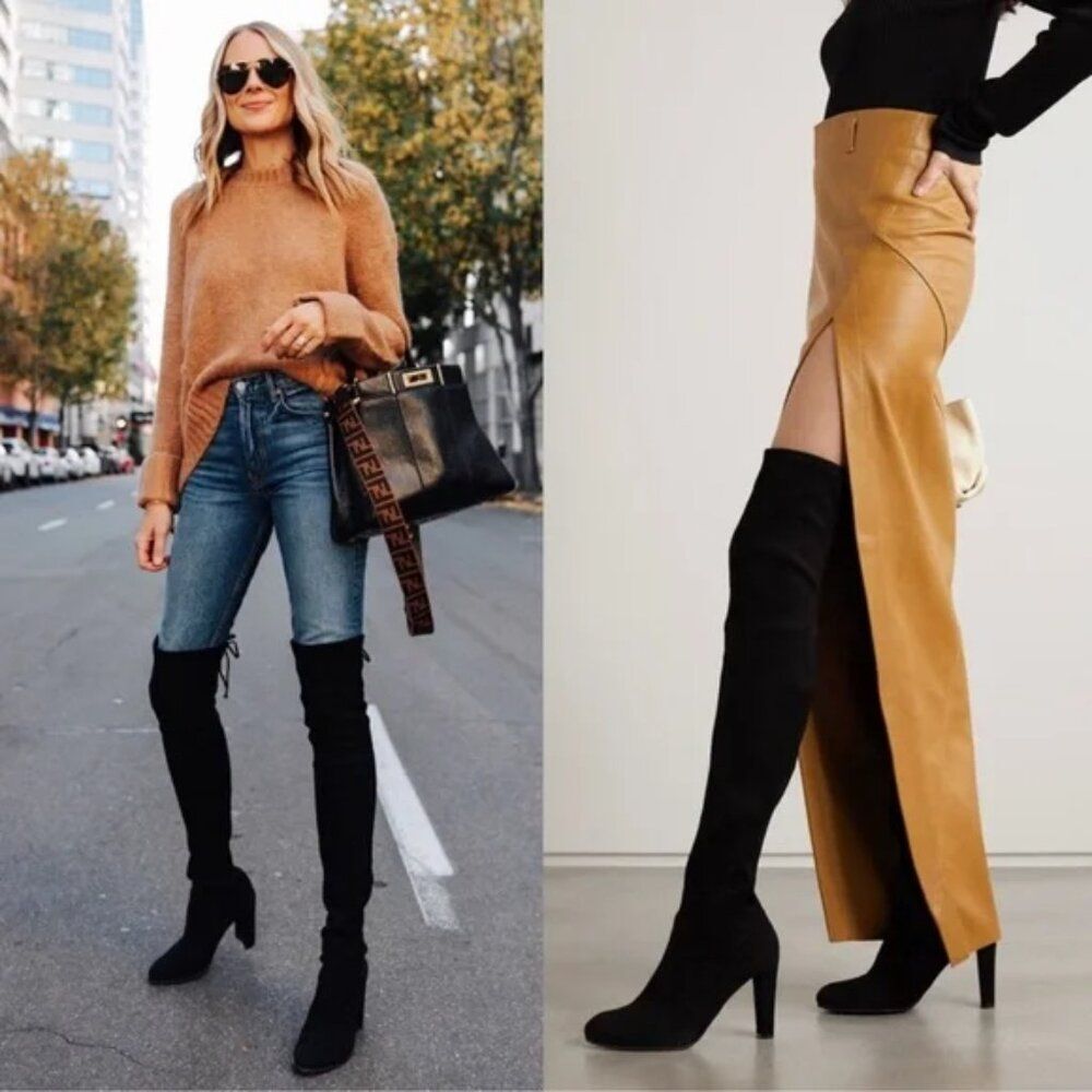 Lookalike Over The Knee Black Suede Leather Heeled Boots size 5.5 EUC